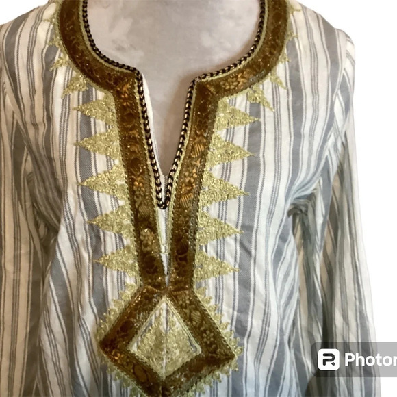 IRVING & FINE blouse womens Size M linen tunic boho hippee embroidered lag… - Picture 7 of 11